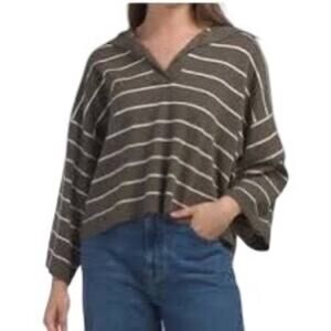 Max Studio Olive Green White Striped Collared Wide Sleeve Pullover Sweater Sz L